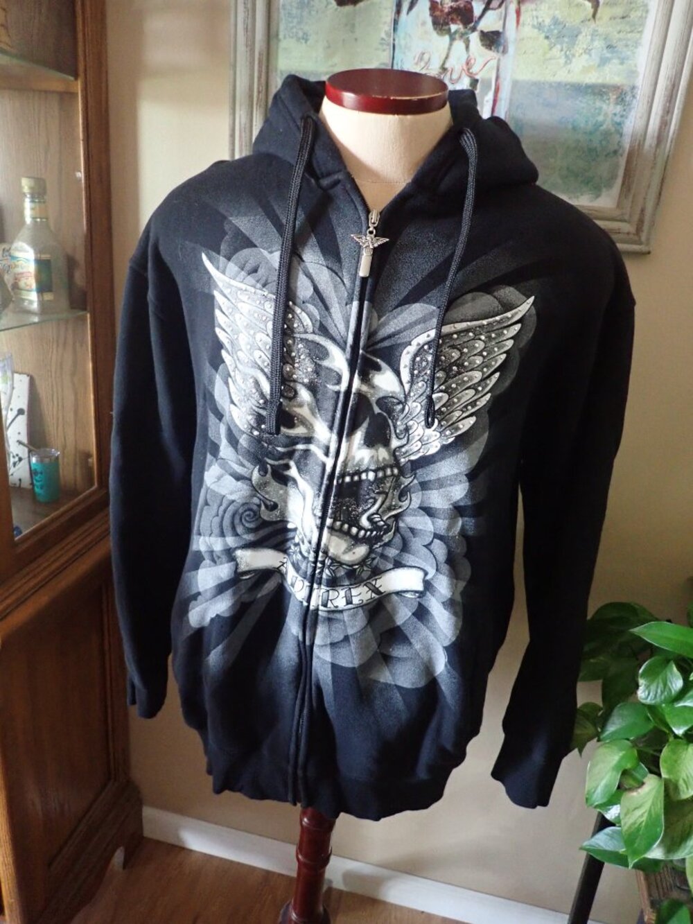 Avirex Skull Wings Hoodie Black Zip Up Y2K Graphic Eagle Logo Men’s XL Hvywhght